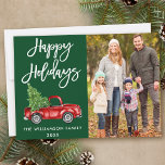 Cartão De Festividades Feriados de Script de Pincel Vintage Truck Foto Ve<br><div class="desc">Roteiro Pincel Moderno Watercolor Vintage Red Truck com Árvore de Natal - Cartão com fotos Verde da Família Feliz Feriados</div>