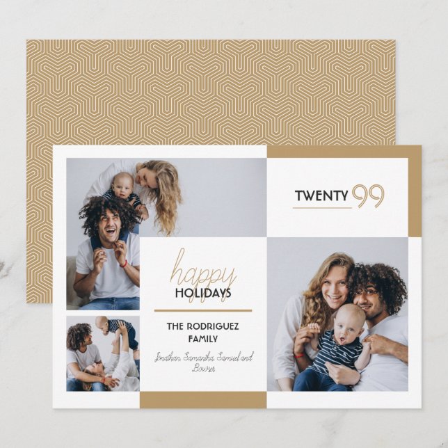 Cartão De Festividades Feriados felizes com três fotos Douradas (Frente/Verso)