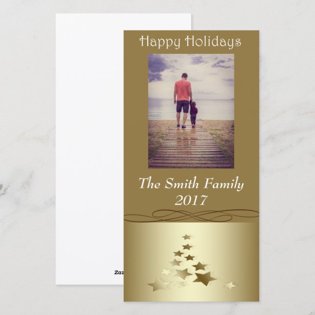 Cartão De Festividades Feriados felizes da Árvore de Natal Dourada (Frente/Verso)