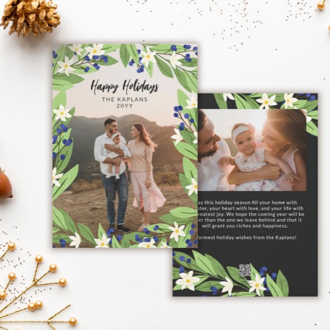 Cartão De Festividades Feriados Felizes da Frame Verde Azul-Berries (Criador carregado)