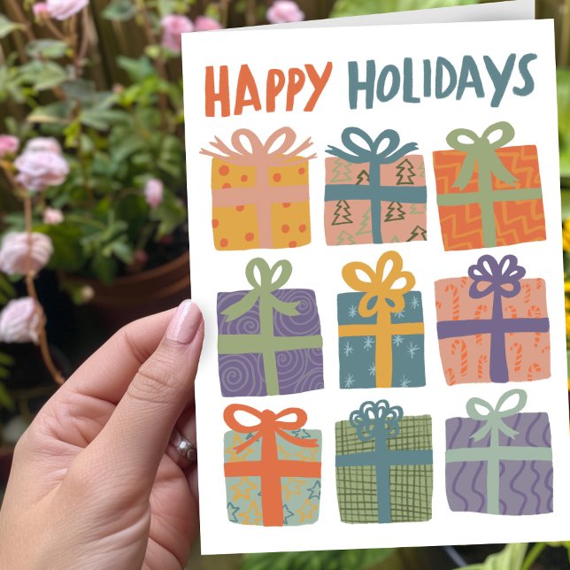 Cartão De Festividades FERIADOS FELIZES Dão presentes no Natal desenhados (HAPPY HOLIDAYS Gifts Christmas CUSTOM Hand-Drawn Holiday Greeting Card - add your own text inside
)