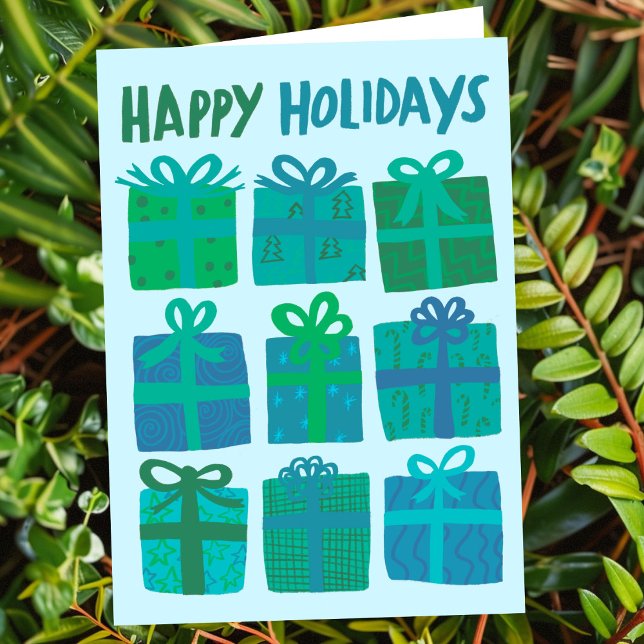 Cartão De Festividades FERIADOS FELIZES DÃO presentes para o Natal desenh (HAPPY HOLIDAYS Gifts Christmas CUSTOM Hand-drawn Blue Green Cute Holiday Card
)