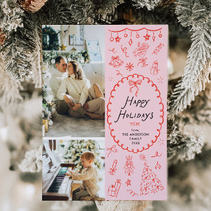 Cartão De Festividades Feriados Felizes Desenhados pela Mão Vermelha Pink