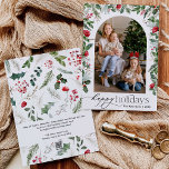Cartão De Festividades Feriados Felizes do Arco Botânico Moderno 1 Foto<br><div class="desc">Esta coleção apresenta florais vermelhos de aquarela,  bagas e verde de inverno com tipografia moderna e elegante,  com padrão botânico de inverno.</div>