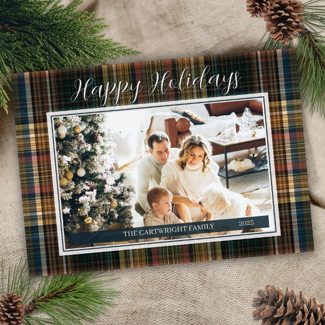 Cartão De Festividades Feriados felizes do estilo herdeiro rico da Xadrez (Elegant vintage plaid happy holidays card with single photo and family name year on front message)