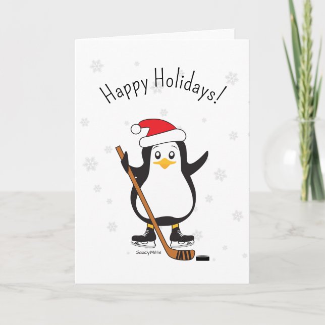 Cartão De Festividades Feriados felizes do Pinguim de Natal de Hockey (Frente)