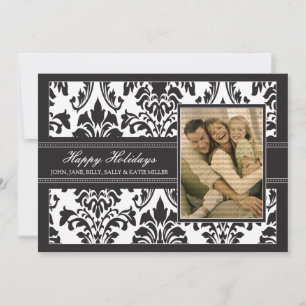 Cartão De Festividades Feriados felizes para o Damask preto e branco 5x7