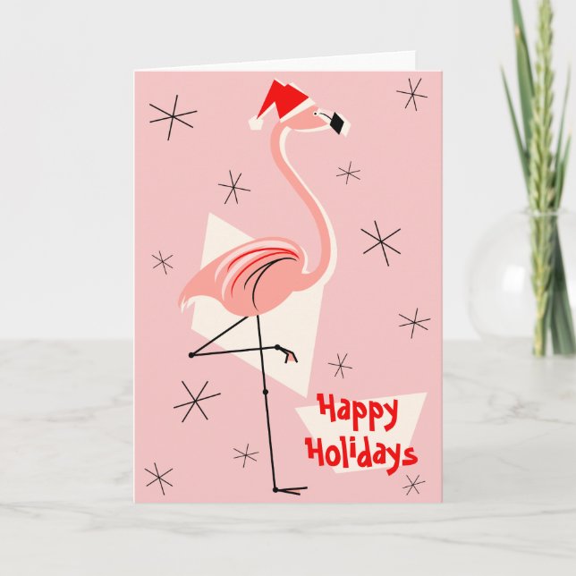 Cartão De Festividades Feriados Felizes, Rosa, Papais noeis Flamingo (Frente)