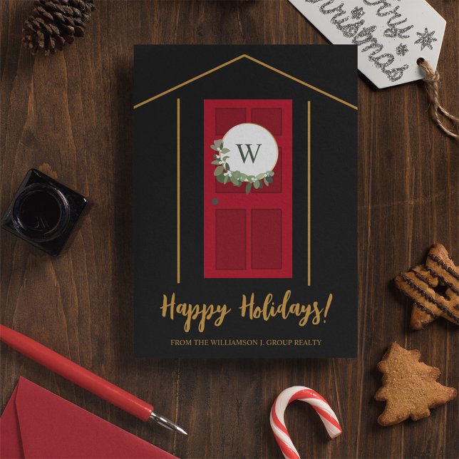 Cartão De Festividades Feriados felizes Terrenos Imobiliários Monogramas (Modern Red door monogram real estate agent Happy Holidays business greeting xmas card.)