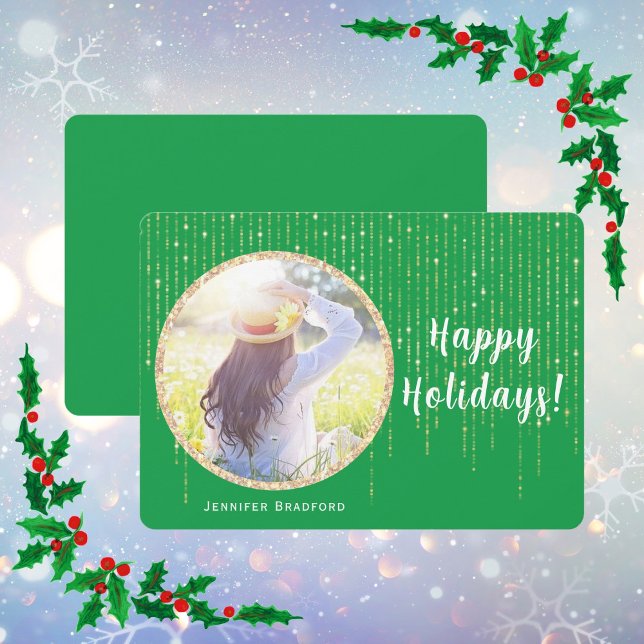 Cartão De Festividades Feriados felizes verdes com fotos do solteiro Dour (Happy Holidays Single Photo Green Holiday Card)