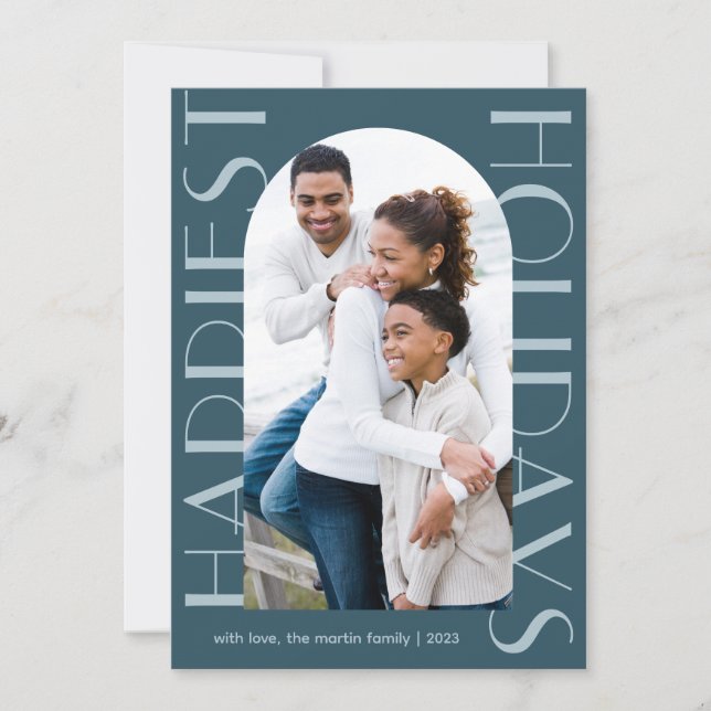 Cartão De Festividades Feriados mais felizes com duas fotos azuis Elegant (Frente)