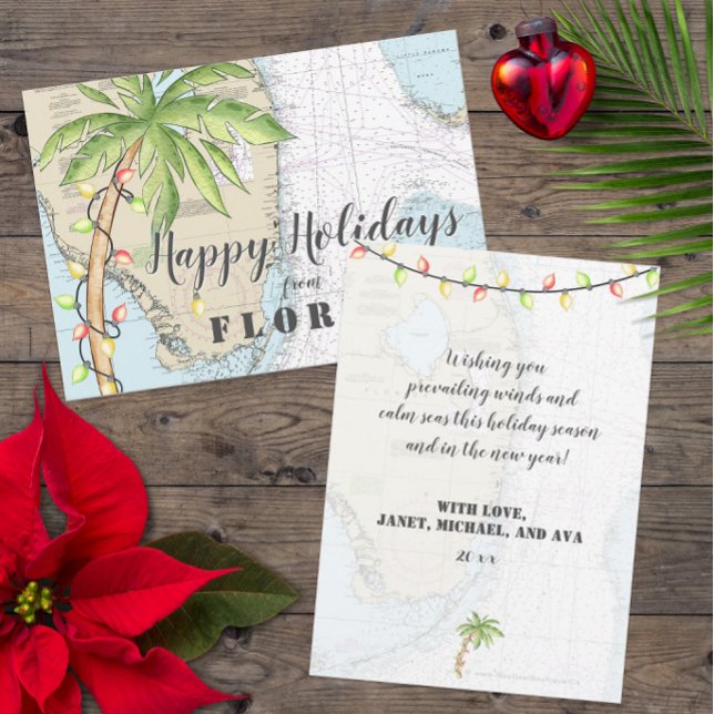 Cartão De Festividades Feriados Náuticos Tropicais Felizes Da Florida (Cute Customized Tropical Florida Holiday Cards with Watercolor Design Elements)