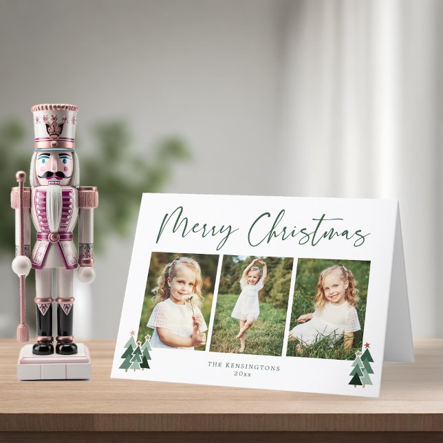 Cartão De Festividades Férias 3 do Natal Verde em Árvores Russas (Rustic Trees Green Christmas Holiday 3 Photo Card)