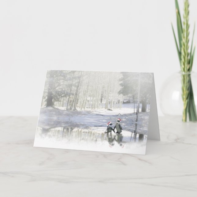 Cartão De Festividades Férias de Natal Adoráveis Pinguins Patinação no Ge (Frente)