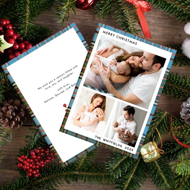 Cartão De Festividades Férias de Natal da família Tartan (Christmas Holidays Family Photo Collage with Baby First Greetings Card)