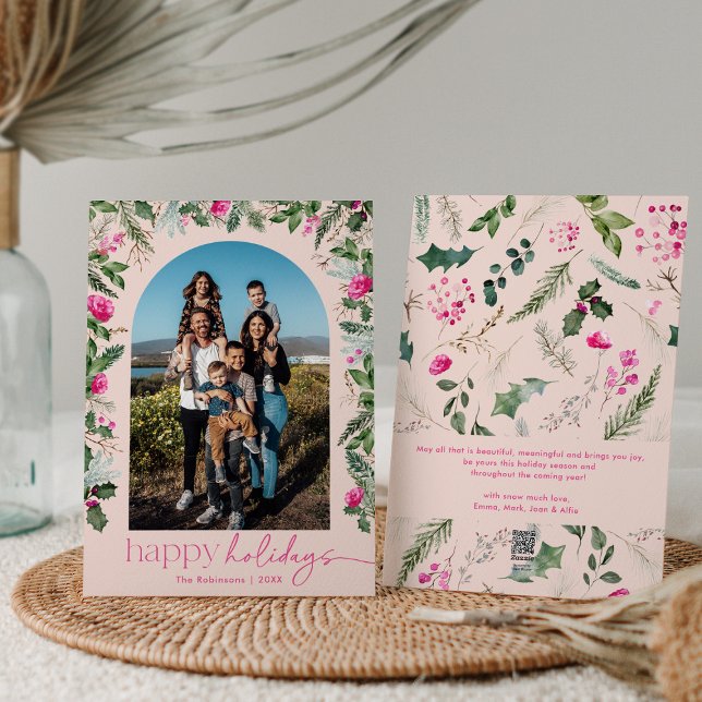 Cartão De Festividades Férias Felizes Arco Botânico Rosa Corado Foto (Criador carregado)