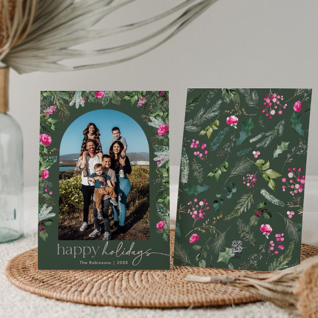 Cartão De Festividades Férias Felizes Arco Botânico Verde Floresta e Rosa (Criador carregado)