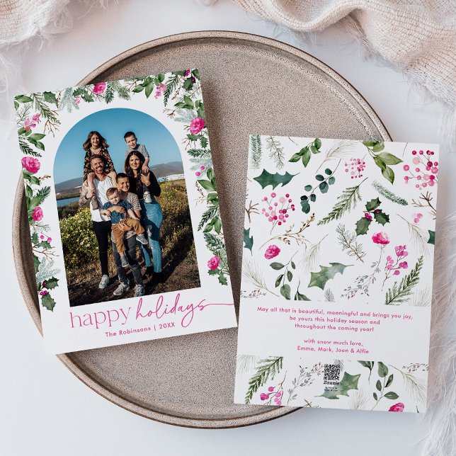 Cartão De Festividades Férias Felizes Arco de Verdura Rosa Brilhante 1 Fo (Criador carregado)