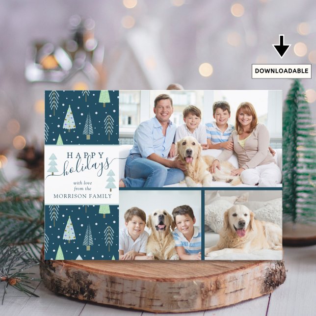 Cartão De Festividades FÉRIAS FELIZES Árvores Verdes e Azuis Script 3 Fot (Criador carregado)