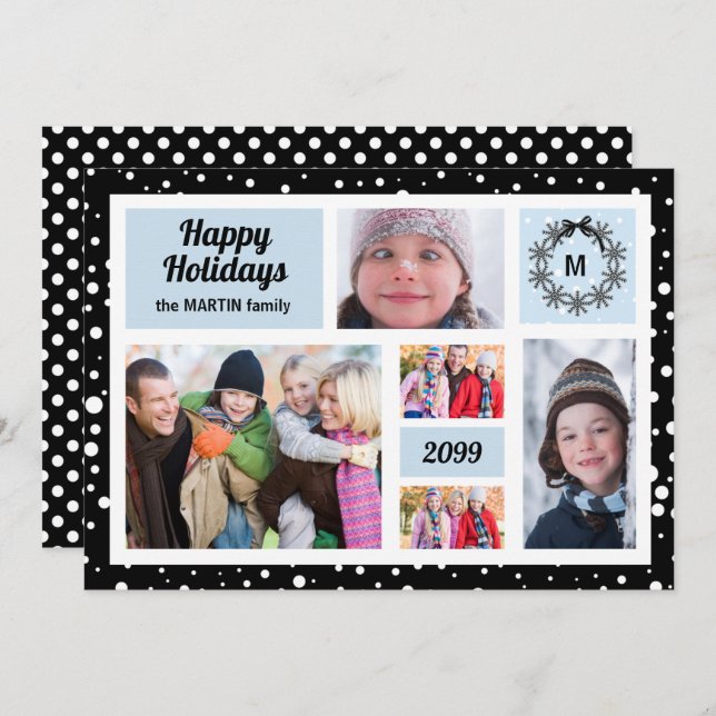 Cartão De Festividades Férias Felizes Azul e Preto Natal 5 Foto (Frente/Verso)