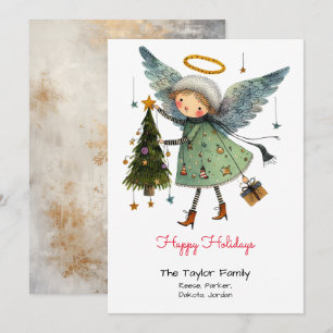 Cartão De Festividades Férias Felizes com Anjo Caprichoso e Árvore