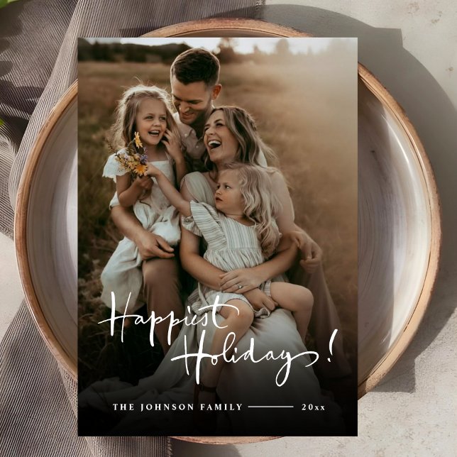 Cartão De Festividades Férias Felizes | Foto com Letra Elegante Personali (Happy Holidays | Custom Elegant Script Photo Holiday Card)