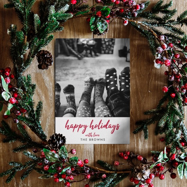 Cartão De Festividades Férias Felizes | Foto de Natal Vermelho Minimalist (A stylish flat photo holiday card with clean typography and festive charm)