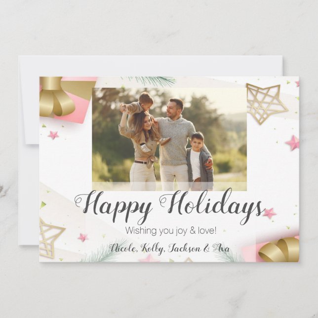 Cartão De Festividades Férias Felizes Foto Rosa e Dourado & Texto Persona (Frente)