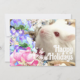 Cartão De Festividades Férias Felizes Hamster Branco c/ Flores de Ervilha