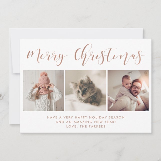 Cartão De Festividades Férias Felizes | Três Rosa de fotografia Caligrafi (Frente)