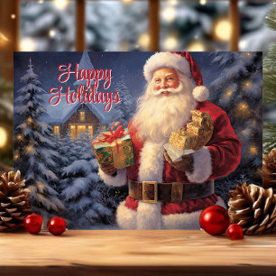 Cartão De Festividades Férias Felizes Vintage Clássico Papai Noel com Pre