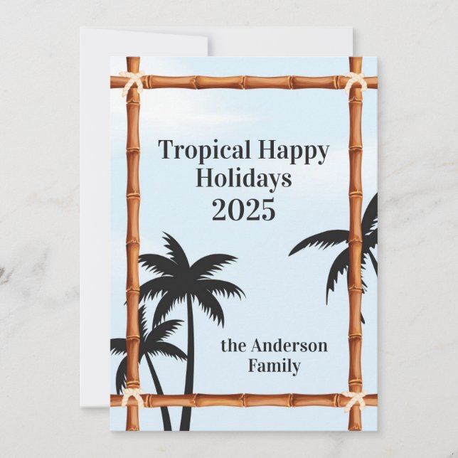 Cartão De Festividades Férias Tropicais Felizes, Molduras de Bambu e Palm (Frente)