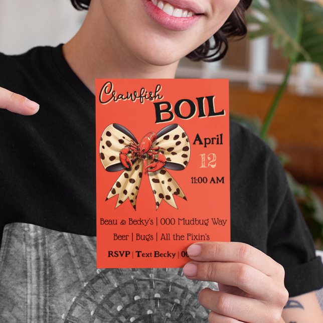 Cartão De Festividades Ferro-lagosta com Arco-leopardo e cochonilha (Crawfish boil invitation with cute mudbug sitting on a leopard print bow.  Fully customizable. )