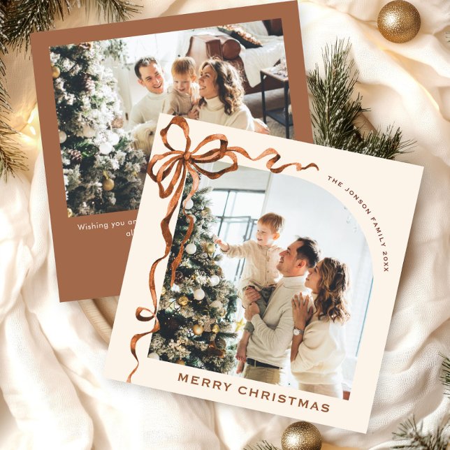 Cartão De Festividades FesNatal Beige Boho Arco Friso 2 Foto (Criador carregado)