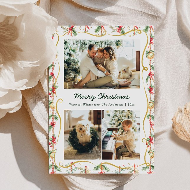 Cartão De Festividades FesNatal Garland e Padrão de Arco 3 Foto (Criador carregado)