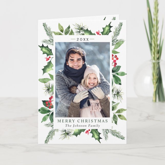 Cartão De Festividades FEST Watercolor Holly Berry FOTO Natal (Frente)
