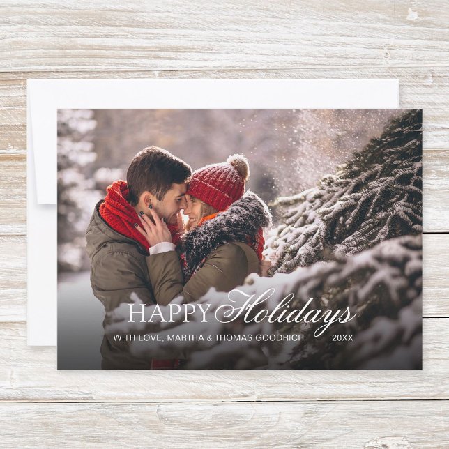 Cartão De Festividades Festa Branco Escrito Felicidades Gradiente de Féri (Simple, classy christmas photo card "Happy Holidays" with elegant white script typography.)