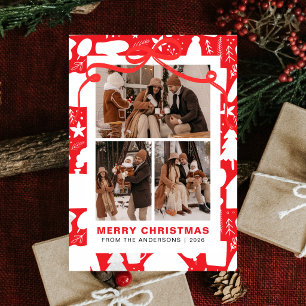 Cartão De Festividades Festa Chic Fita Vermelha 3 Fotos Família Natal