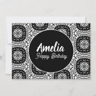Cartão De Festividades Festa de Aniversário Mandala Floral Preto Branco