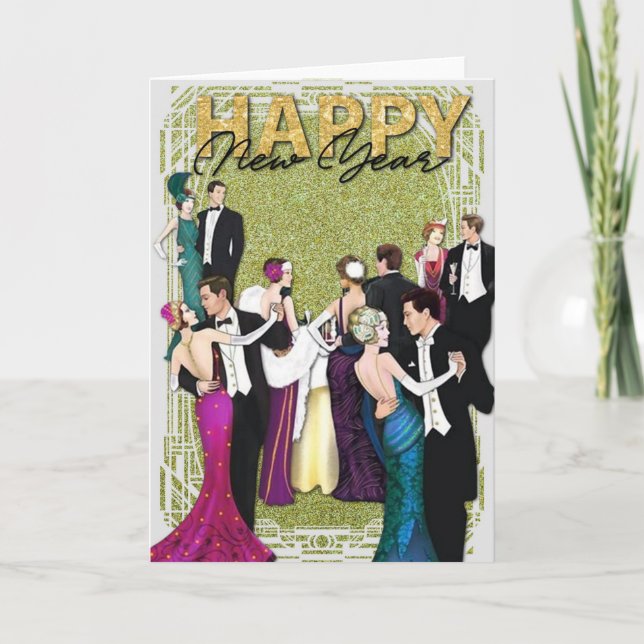 Cartão De Festividades Festa de Anos novos de Deco de Arte Flapper do Vin (Frente)