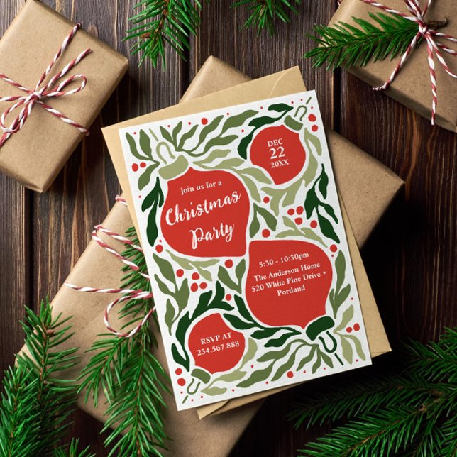 Cartão De Festividades Festa de Férias de enfeites de natal e Folhagem (Christmas Holiday Party Invitation with extra text on the back. Perfect for ornament exchange party)