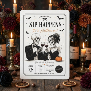 Cartão De Festividades Festa de Halloween Sip Happens Esqueleto Chic
