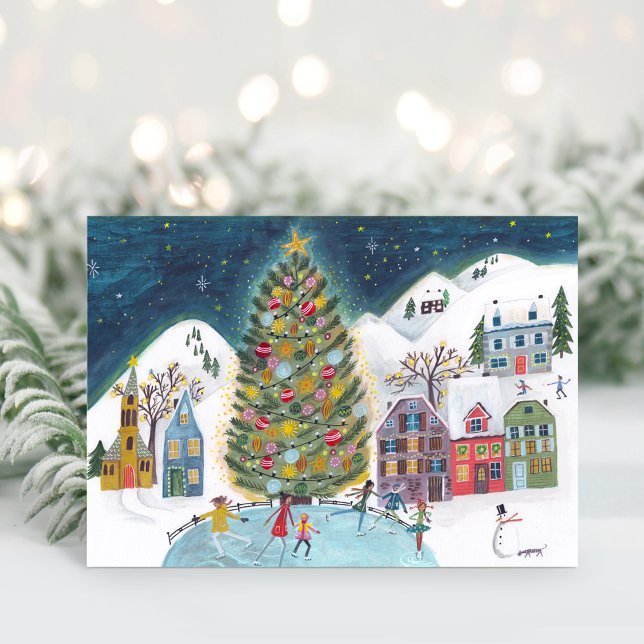 Cartão De Festividades Festa de inverno na Vila da Vila (Cute Winter House Village Scene Christmas Holiday Card)
