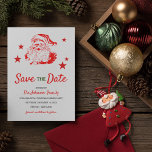 Cartão De Festividades Festa de Natal do Papai Noel Salve a Data<br><div class="desc">Prepare-se para se misturar com a nossa festa de Natal contemporânea! Nosso festivo salvamento, o cartão de feriado, ostenta um fundo branco elegante, completo com um Papai Noel vermelho e branco alegre e estrelas cintilantes para acrescentar esse toque encantador. Além disso, a nossa modelo moderna vai garantir que não perderá...</div>