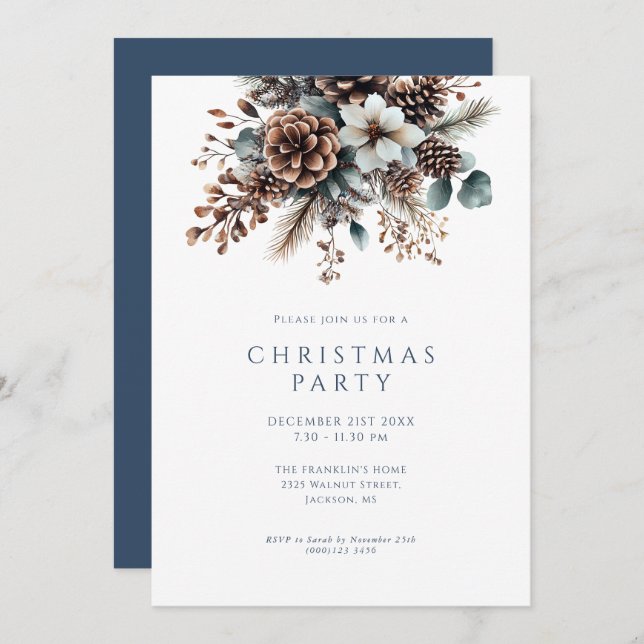 Cartão De Festividades Festa de Natal Floral de inverno (Frente/Verso)