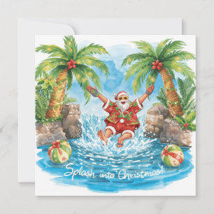 Cartão De Festividades Festa de Natal na Piscina com Papai Noel no Havaí