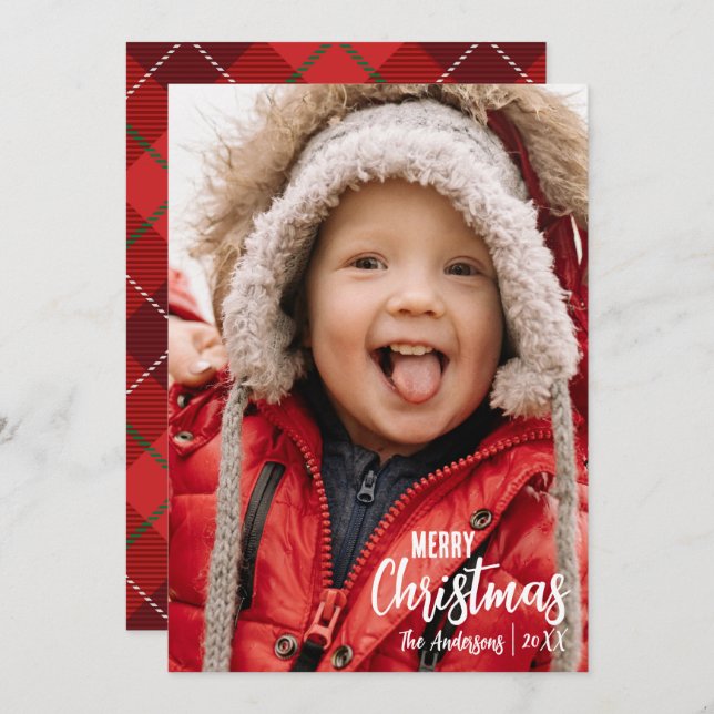 Cartão De Festividades Festa de Natal Rústico Country Xadrez Família Foto (Frente/Verso)