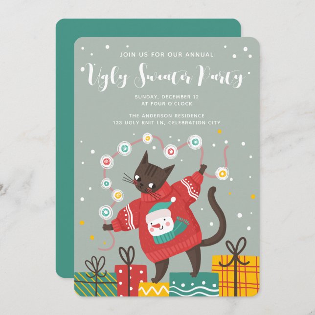 Cartão De Festividades Festa Engraçado de Gato Feio de Natal (Frente/Verso)