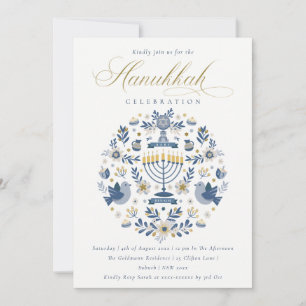 Cartão De Festividades Festa Floral de Hanukkah Azul Marinho Elegante