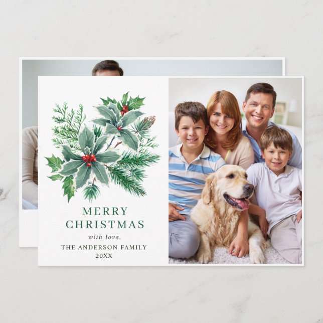 Cartão De Festividades Festa Folha de Azevinho 2 FOTO Saudação de Natal (Frente/Verso)